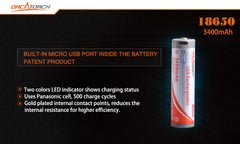 OrcaTorch 18650 USB Battery 3400mAh