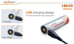 OrcaTorch 18650 USB Battery 3400mAh
