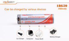 OrcaTorch 18650 USB Battery 3400mAh